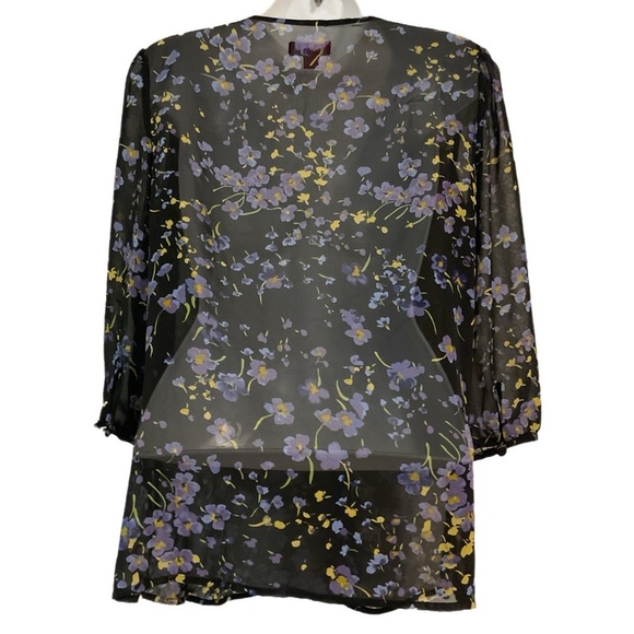 Elle Women's Floral 3/4 Sleeve Sheer Embellished V-Neck Blouse Black Blouse - Picture 2 of 10